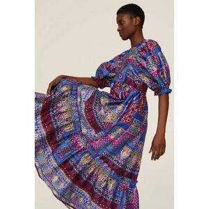 Hunter Bell Palmer midi dress size S Talavera tile print puff sleeve